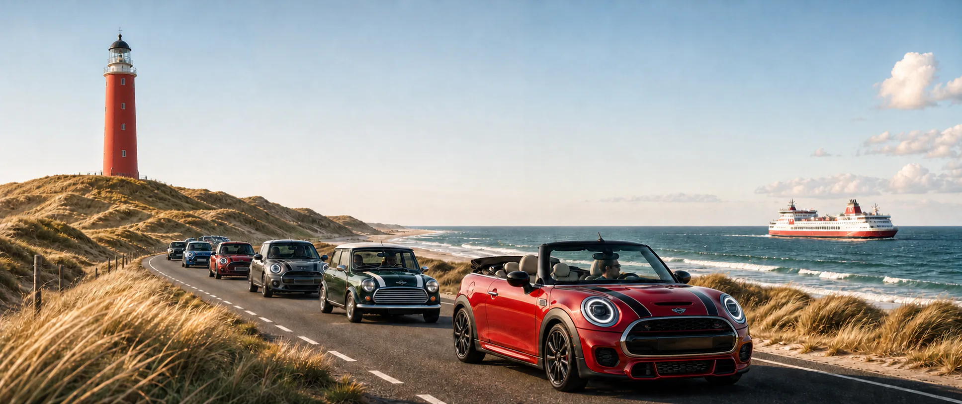 MINI's rijden door de Texelse duinen met de herkenbare rode vuurtoren en veerboot.